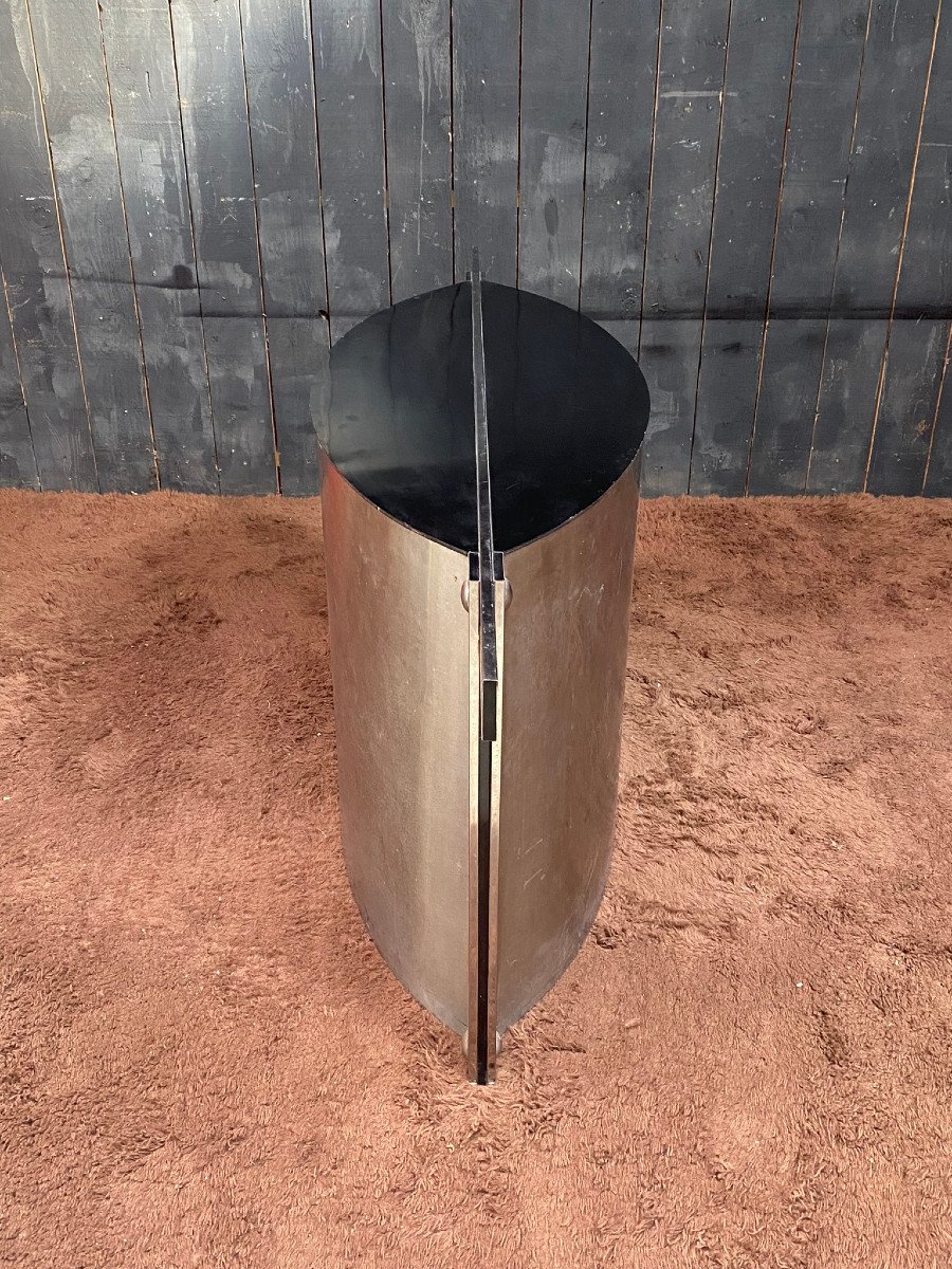 Brazilian Work 1981, Rare Table Or Console Base In Chrome, Steel And Lacquered Wood-photo-5