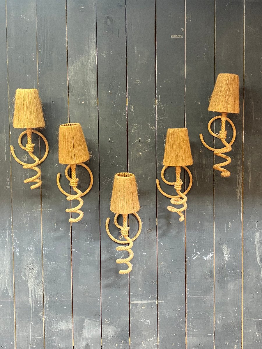 Audoux Minet Rare Suite Of 5 Large Rope Sconces, Circa 1950-photo-2