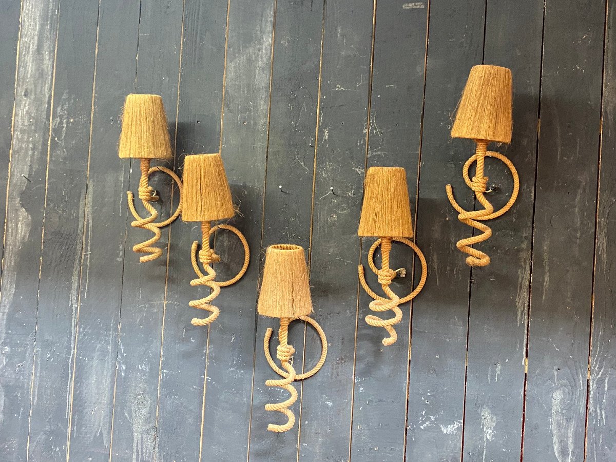 Audoux Minet Rare Suite Of 5 Large Rope Sconces, Circa 1950-photo-3