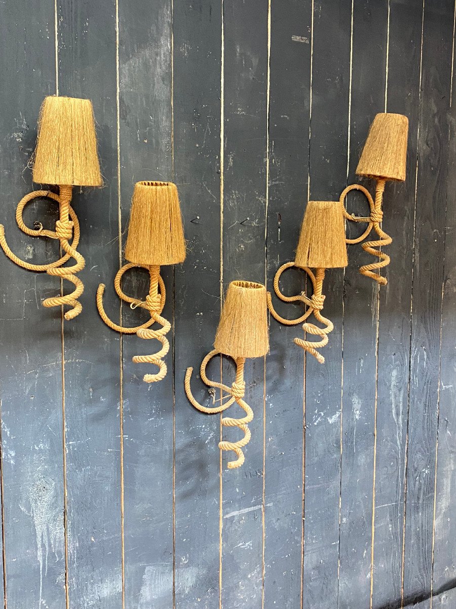 Audoux Minet Rare Suite Of 5 Large Rope Sconces, Circa 1950-photo-1