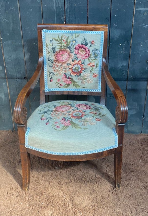 Old Empire Mahogany Armchair, New Tapestry.