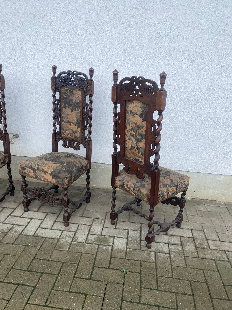 Suite De 4 Anciennes Chaises De Style Renaissance Anglaise En Chêne Et Tapisseries Circa 1900-photo-6