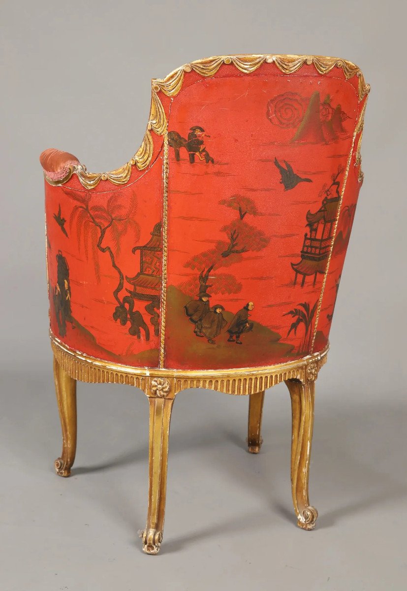 Original Louis XV Transition Style Armchair, Chinese Decor On Lacquered Wood Panel-photo-2