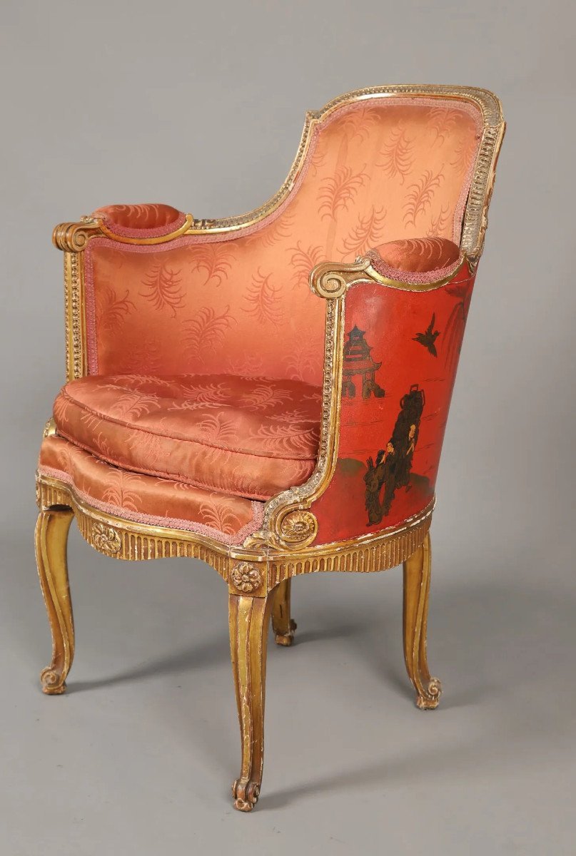 Original Louis XV Transition Style Armchair, Chinese Decor On Lacquered Wood Panel