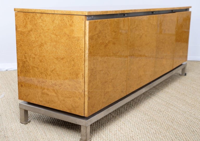 Guy Lefevre, Rare Elm Burl Sideboard, On Steel Base Circa 1970-photo-2