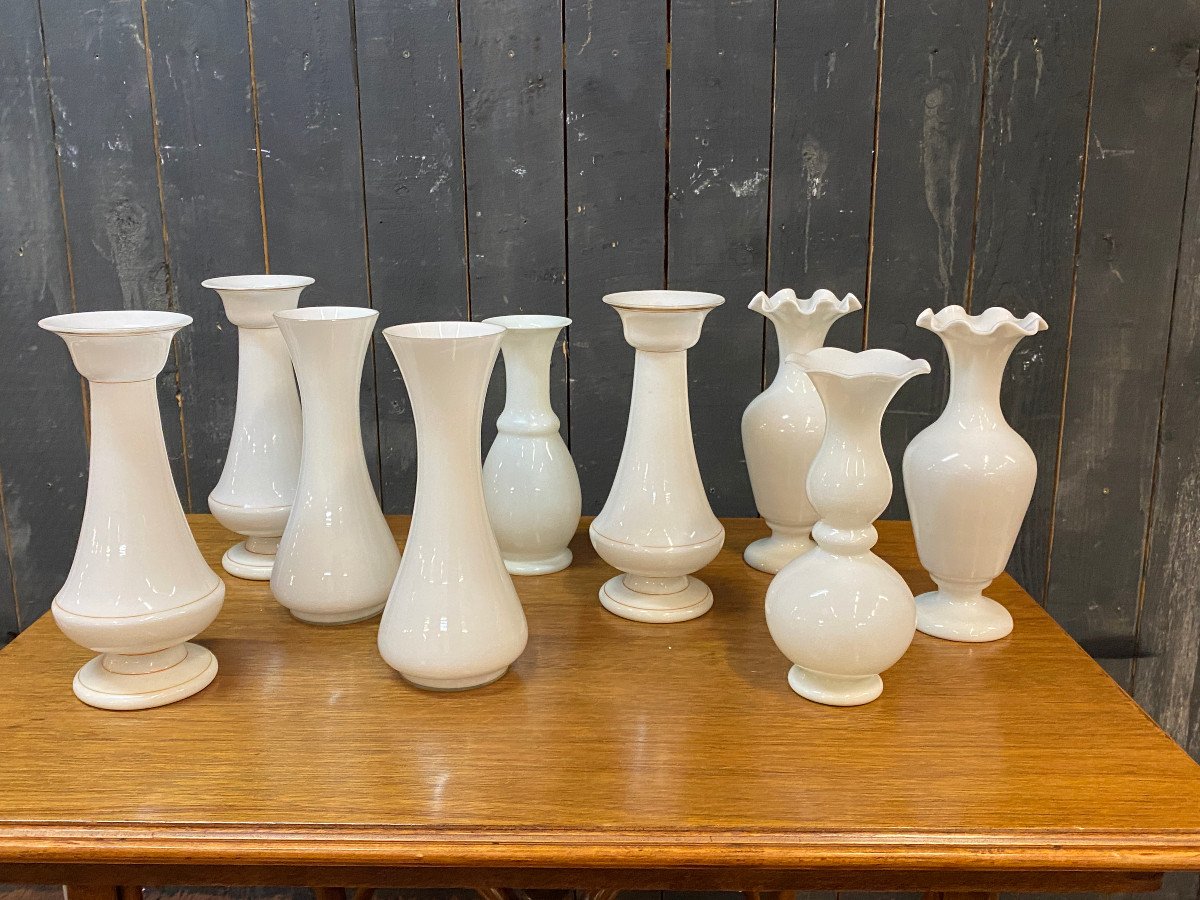 Lot Of 9 Opaline Vases Napoleon III Period, From 29 To 33 Cm High-photo-4