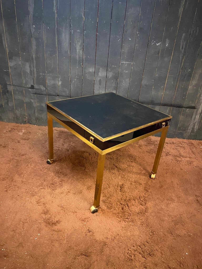 Guy Lefevre , Table A Jeu En Laiton, Bois Laqué Et Simili-cuir Circa 1970-photo-5