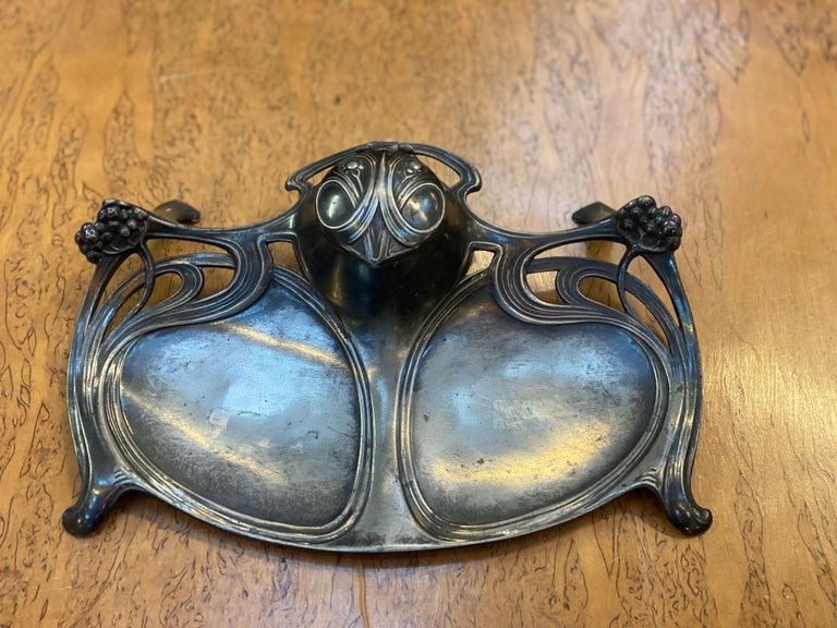 Encrier Art Nouveau En étain , Circa 1900 , Avec Son Godet En Verre-photo-2