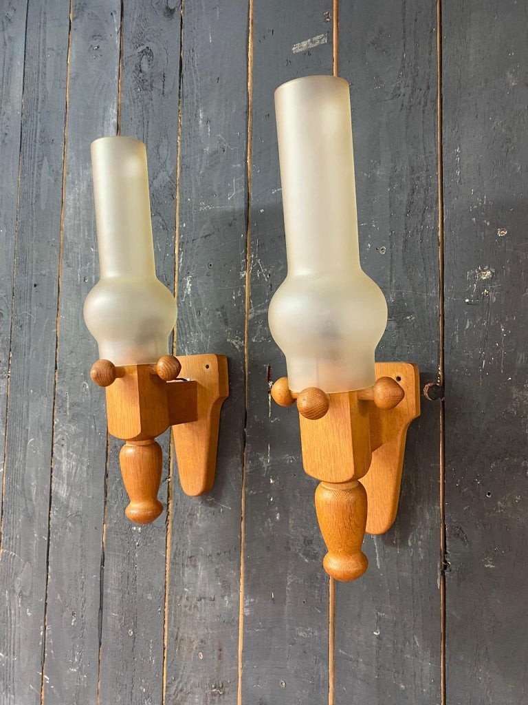 Guillerme Et Chambron, Pair Of Oak Sconces Edition Vos Maison Circa 1970-photo-2
