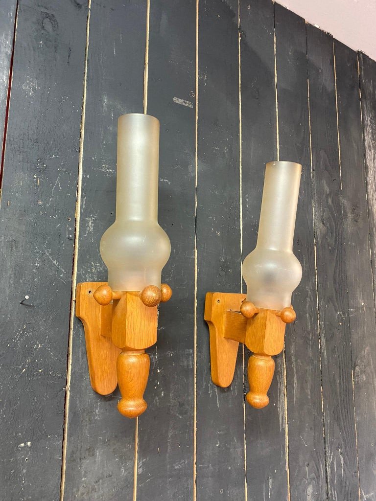 Guillerme Et Chambron, Pair Of Oak Sconces Edition Vos Maison Circa 1970-photo-1