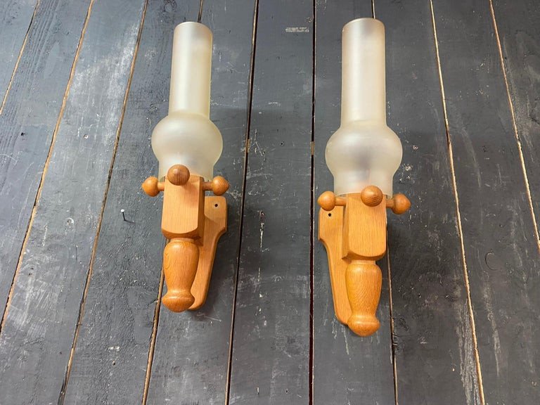 Guillerme Et Chambron, Pair Of Oak Sconces Edition Vos Maison Circa 1970-photo-4