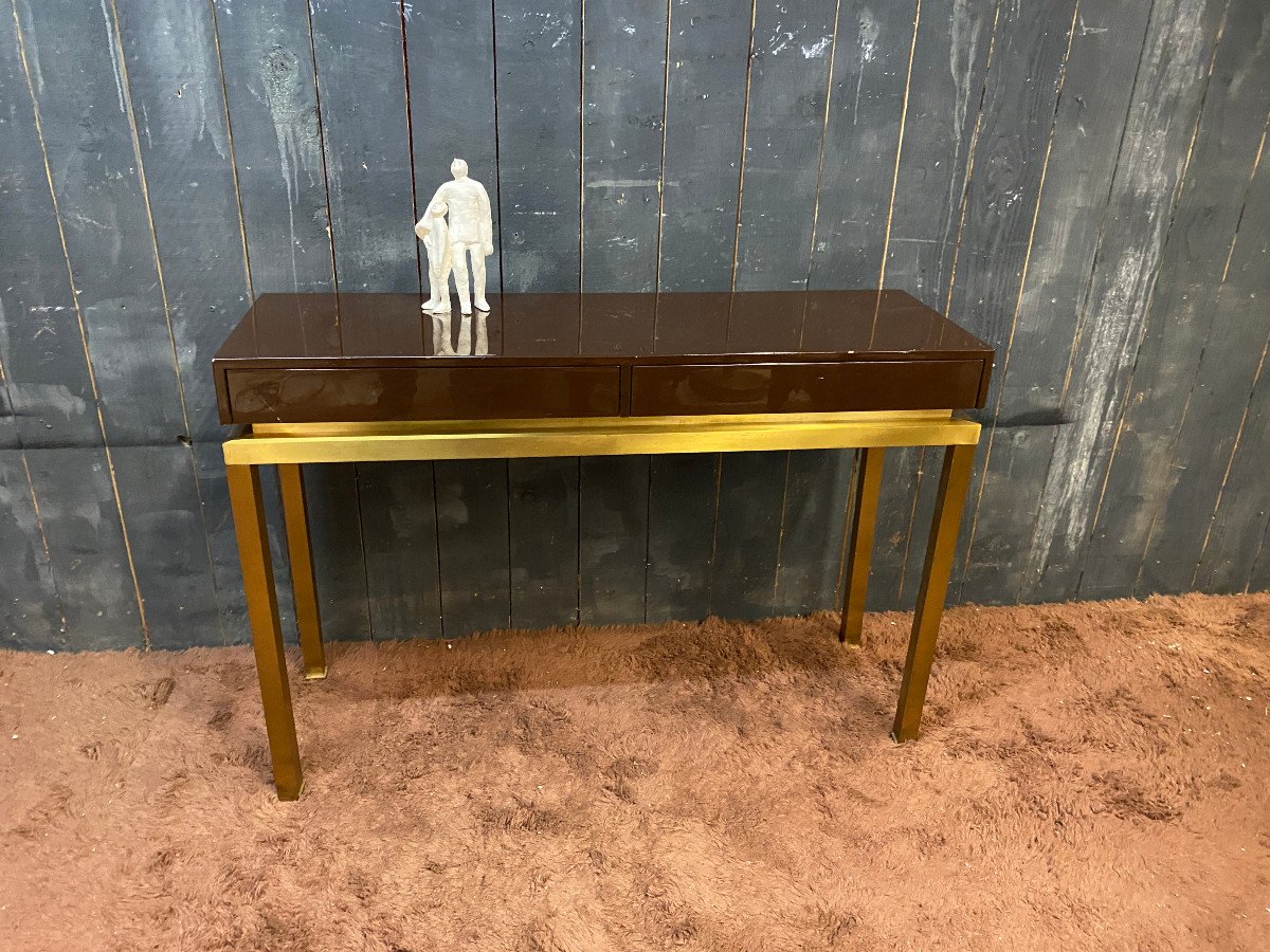 Elegant Guy Lefevre Console, In Lacquered Wood And Brass, Circa 1970