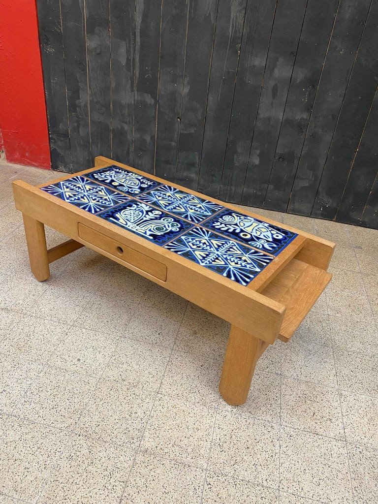 Guillerme Et Chambron, Rare Oak And Enameled Lava Living Room Table, Your Home Circa 1970-photo-4