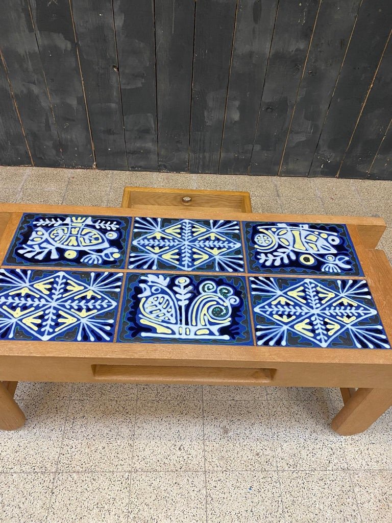 Guillerme Et Chambron, Rare Oak And Enameled Lava Living Room Table, Your Home Circa 1970-photo-4