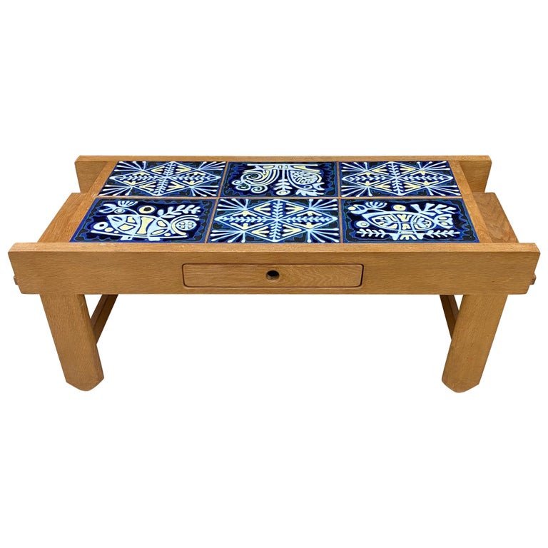 Guillerme Et Chambron, Rare Oak And Enameled Lava Living Room Table, Your Home Circa 1970
