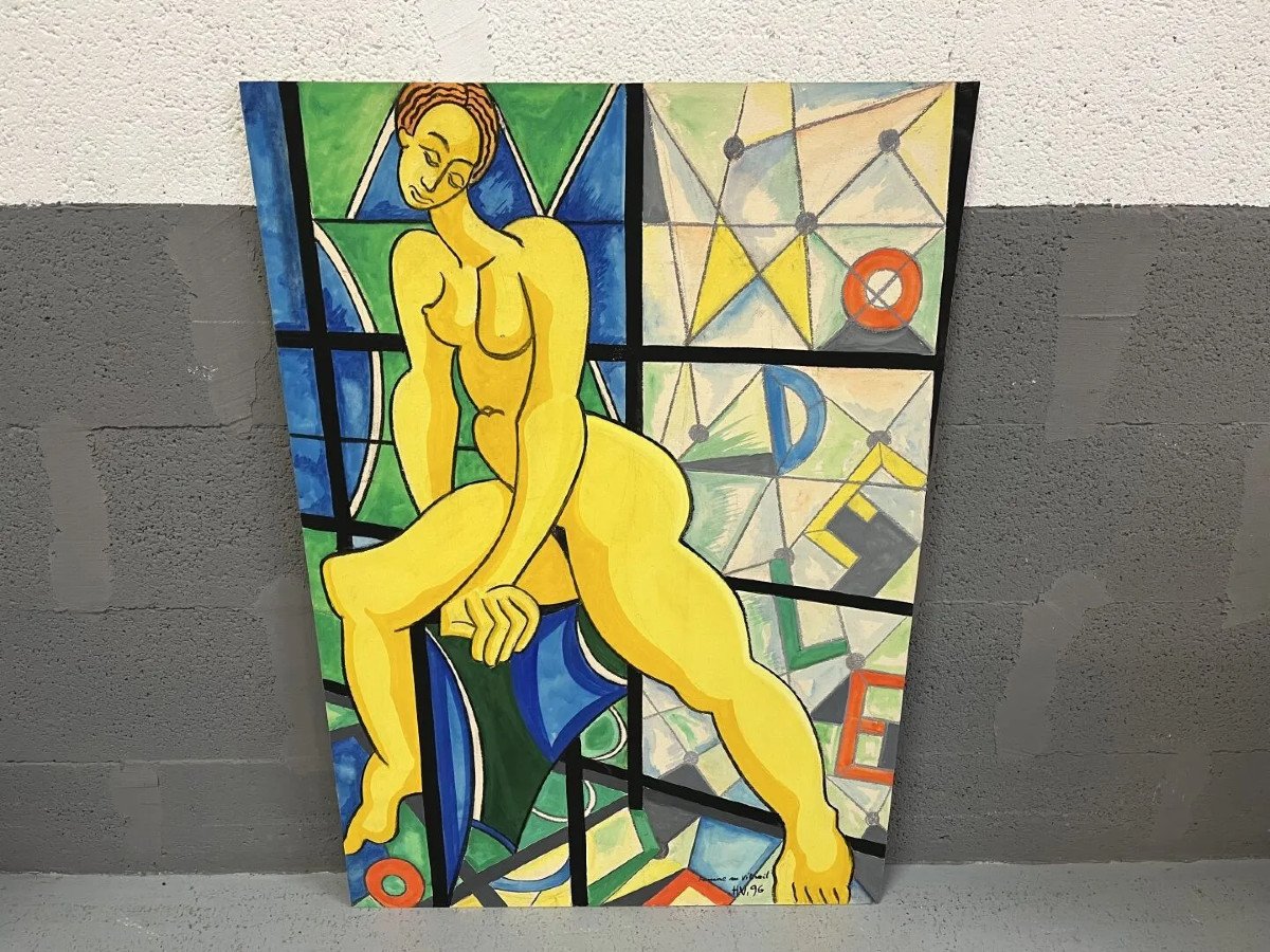 Henri Van Wynsberghe (1929-2018) Said Henri Victor "woman In Stained Glass, 1996" Gouache On Paper-photo-3