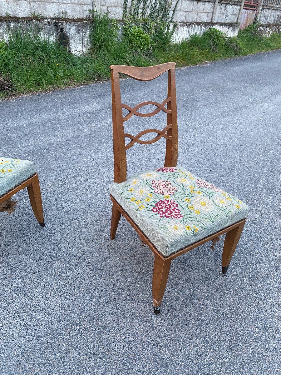 Paire d'élégante Chaise Art Deco En Merisier, Tapisserie  Circa 1930-photo-4