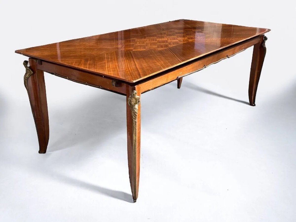 Elegant Art Deco Table In Rosewood With Atalantes Decor In Bronze Circa 1930