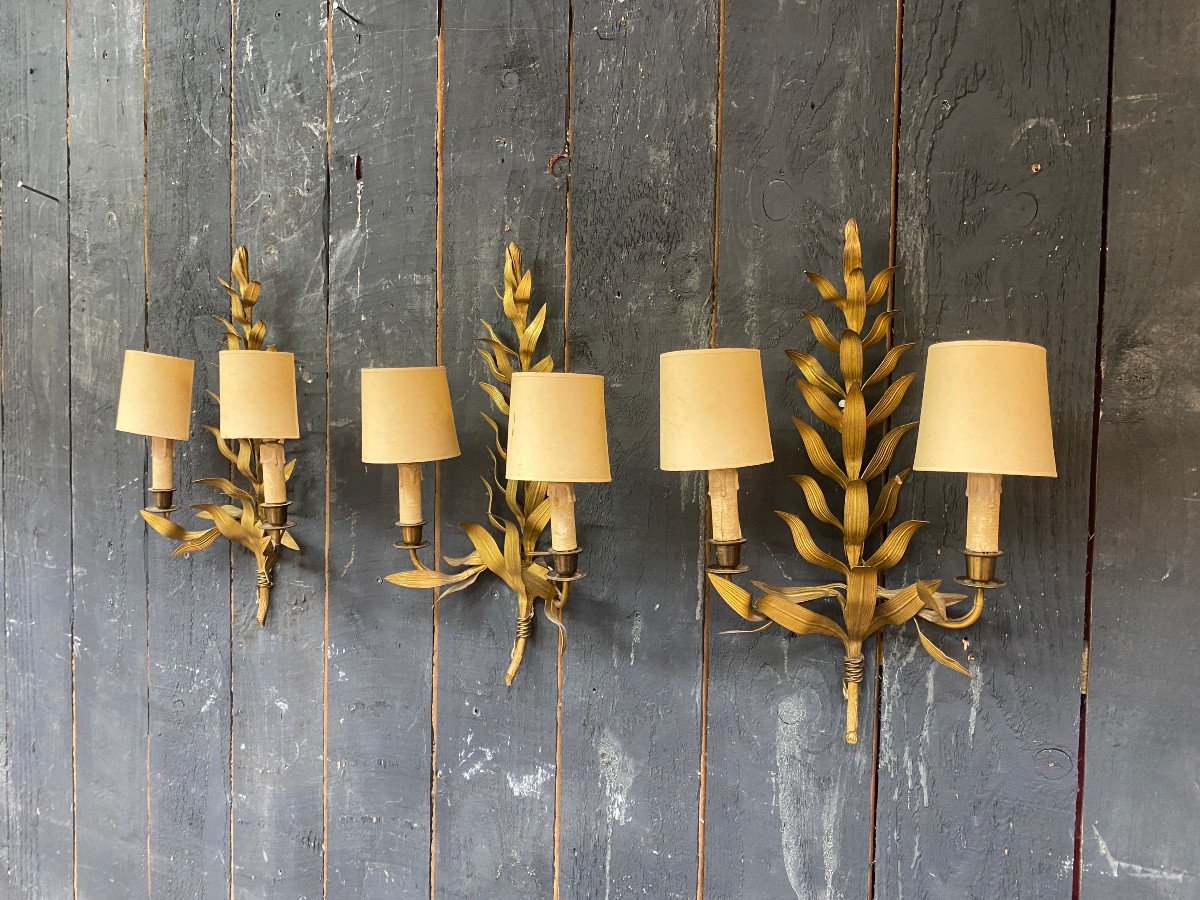 3 Sconces In The Style Of Maison Baguès, Stylized Leaves Circa 1950-photo-2