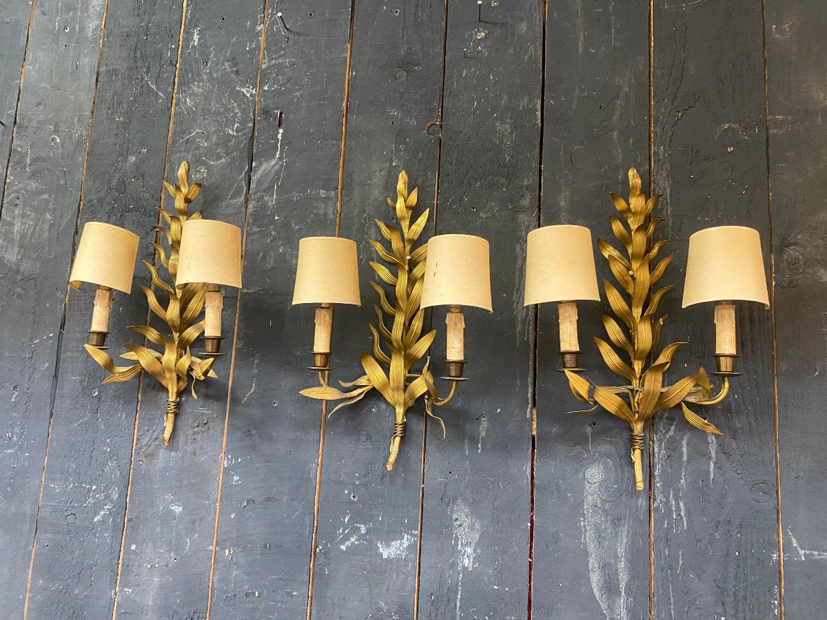 3 Sconces In The Style Of Maison Baguès, Stylized Leaves Circa 1950-photo-1