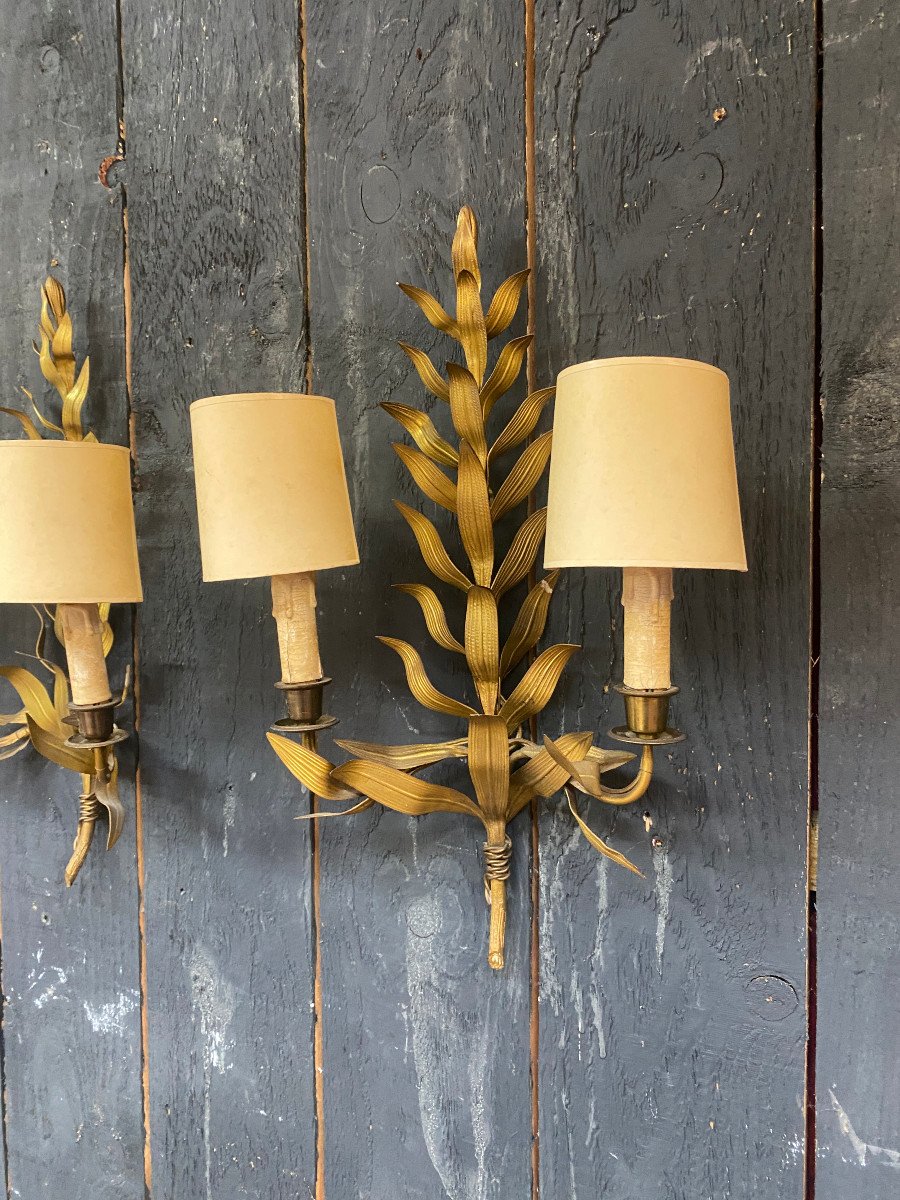 3 Sconces In The Style Of Maison Baguès, Stylized Leaves Circa 1950-photo-2