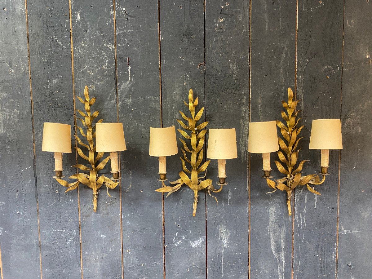 3 Sconces In The Style Of Maison Baguès, Stylized Leaves Circa 1950