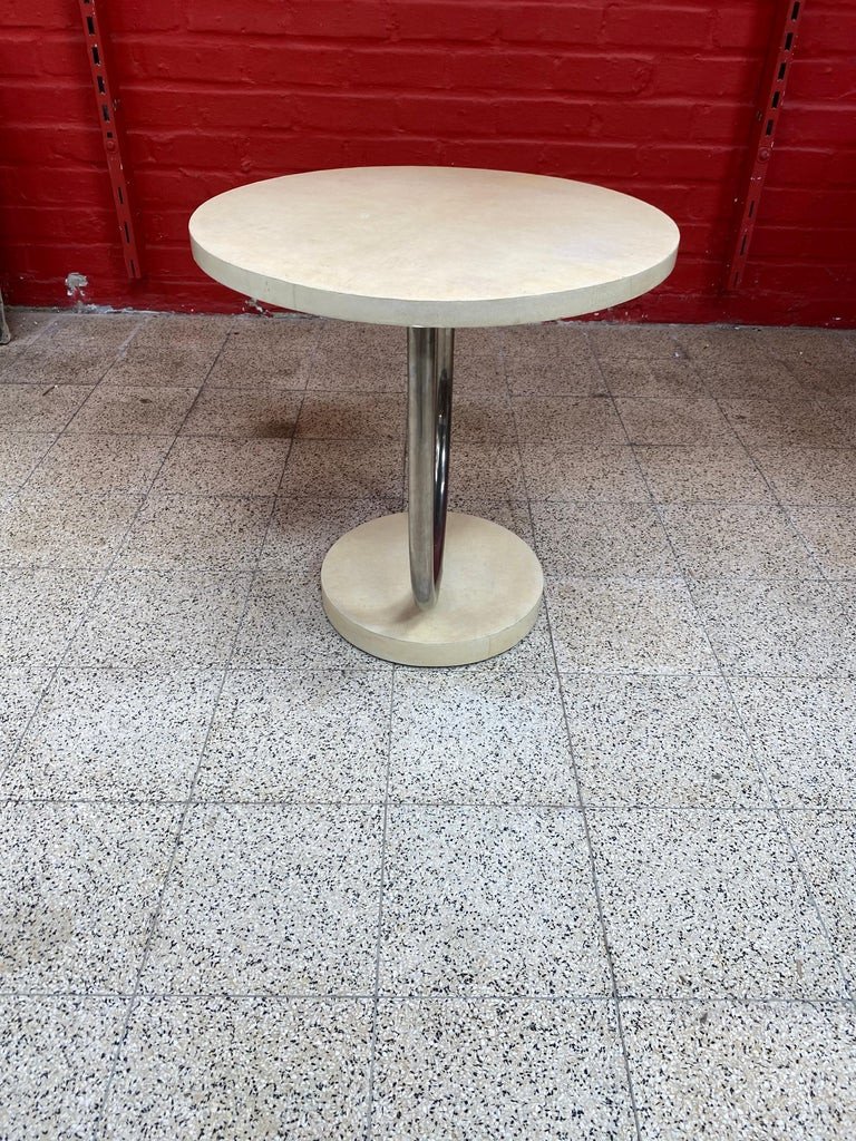 Art Deco Modernist Chrome And Parchment Pedestal Table Attributed To Jacques Adnet Circa 1930-photo-2