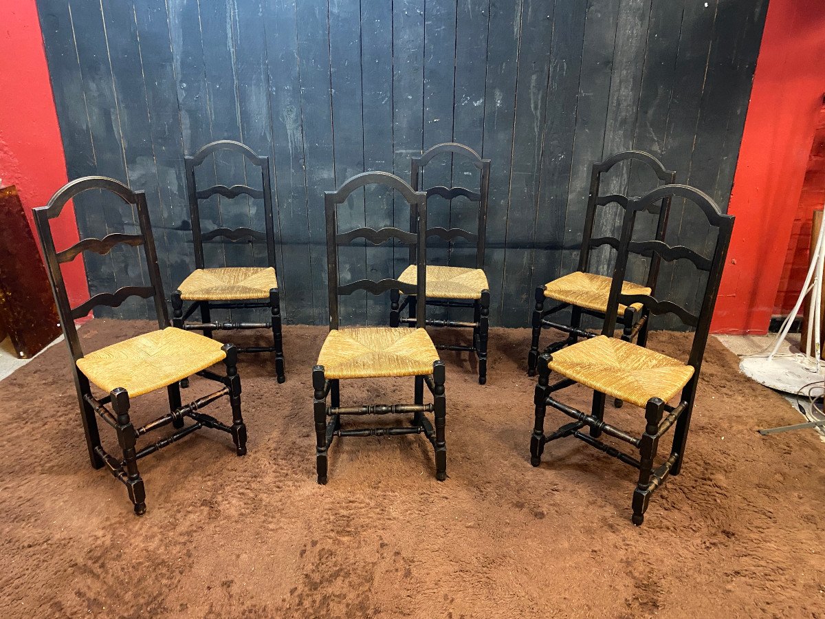 6 Sympathiques Chaises Néo-rustiques En Bois Noirci Circa 1950/1960-photo-1