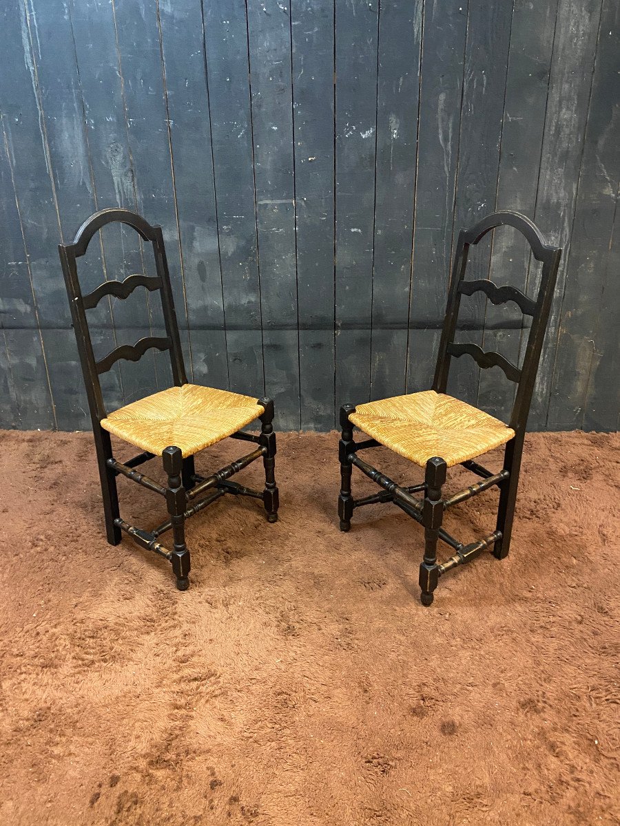 6 Sympathiques Chaises Néo-rustiques En Bois Noirci Circa 1950/1960-photo-3