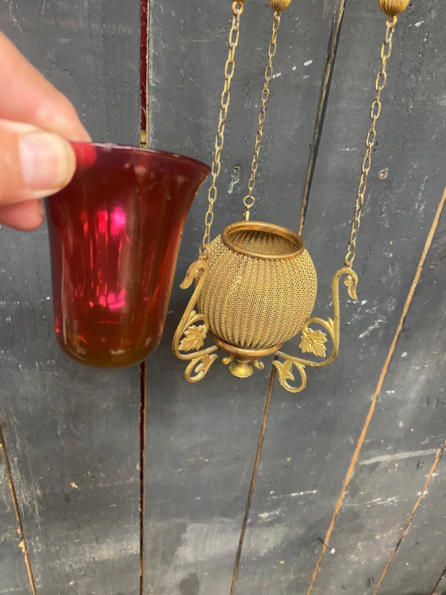 Pair Of Small Church Lanterns In Brass And Stained Glass Circa 1930/1950 -photo-4