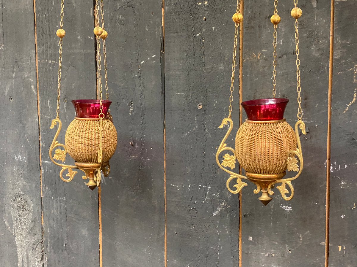 Pair Of Small Church Lanterns In Brass And Stained Glass Circa 1930/1950 -photo-2