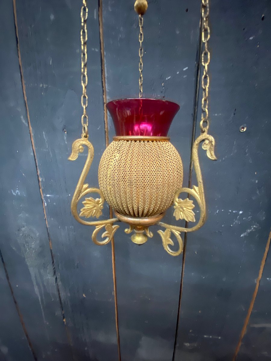 Pair Of Small Church Lanterns In Brass And Stained Glass Circa 1930/1950 -photo-5