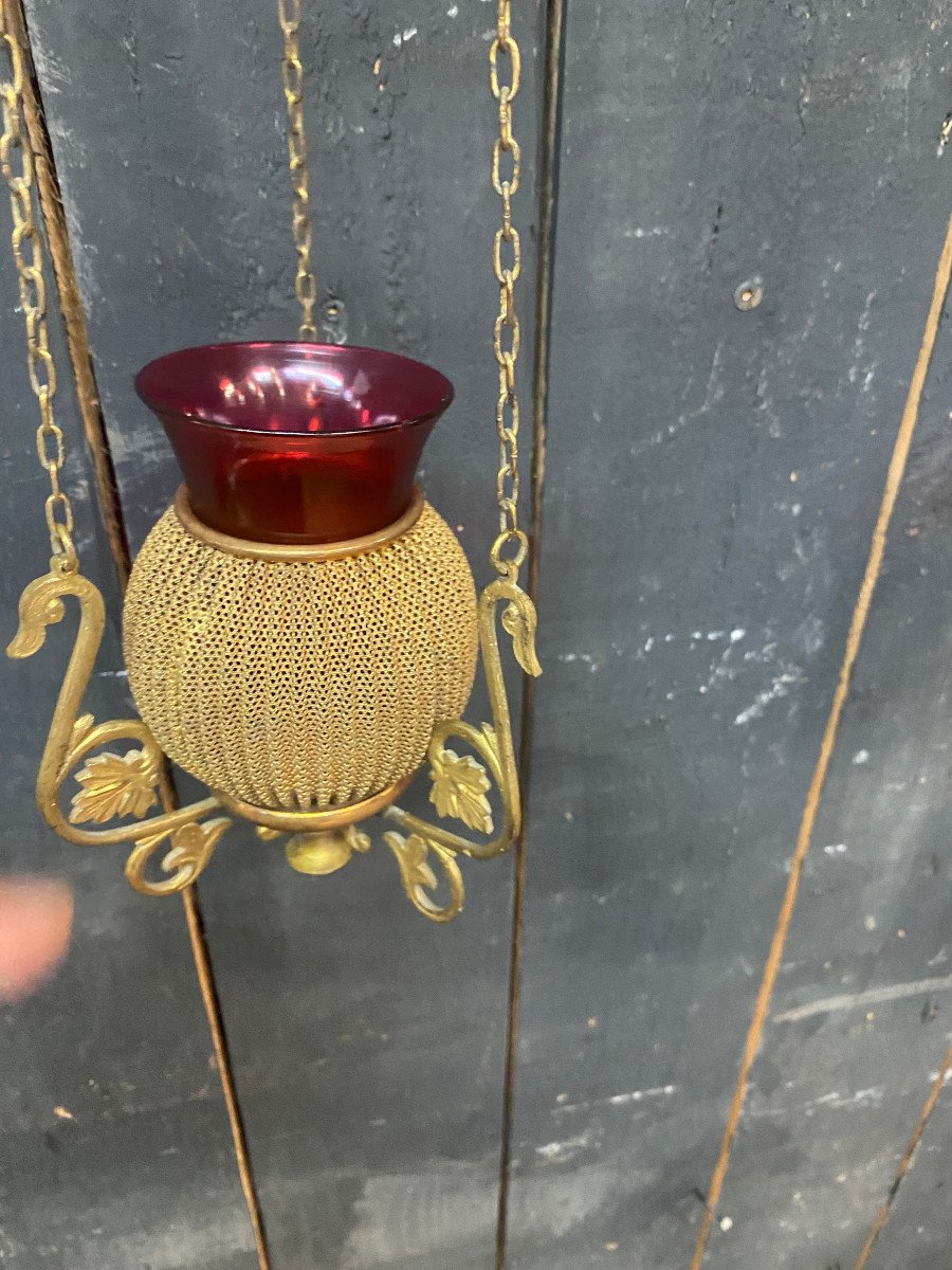 Pair Of Small Church Lanterns In Brass And Stained Glass Circa 1930/1950 -photo-7