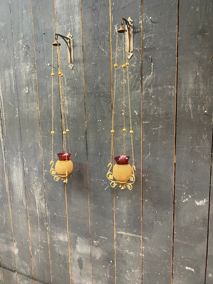 Pair Of Small Church Lanterns In Brass And Stained Glass Circa 1930/1950 -photo-8