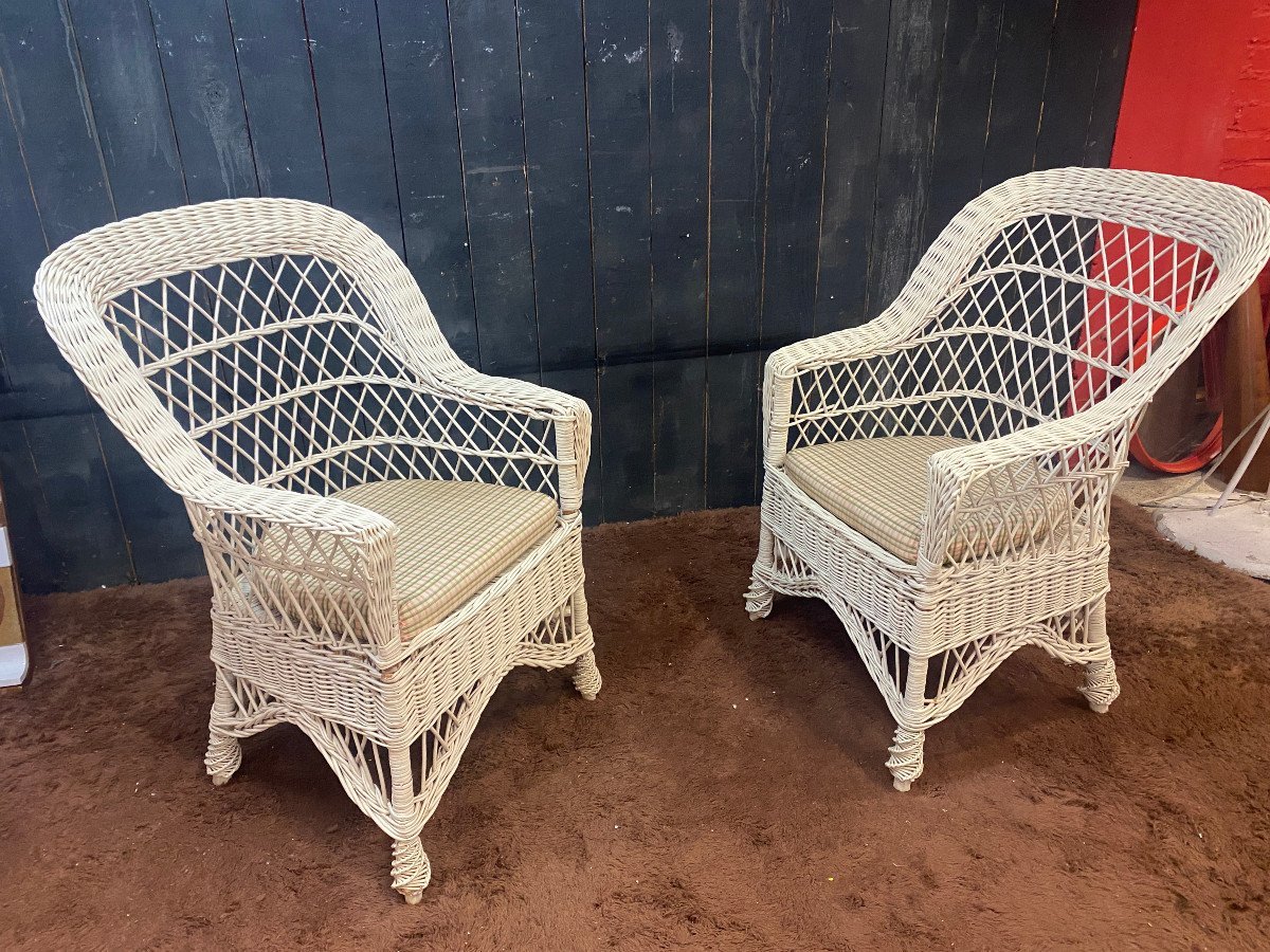 Rare Set Of 10white Lacquered Rattan Conservatory Armchairs, And Their Cushions Circa 1970-photo-2