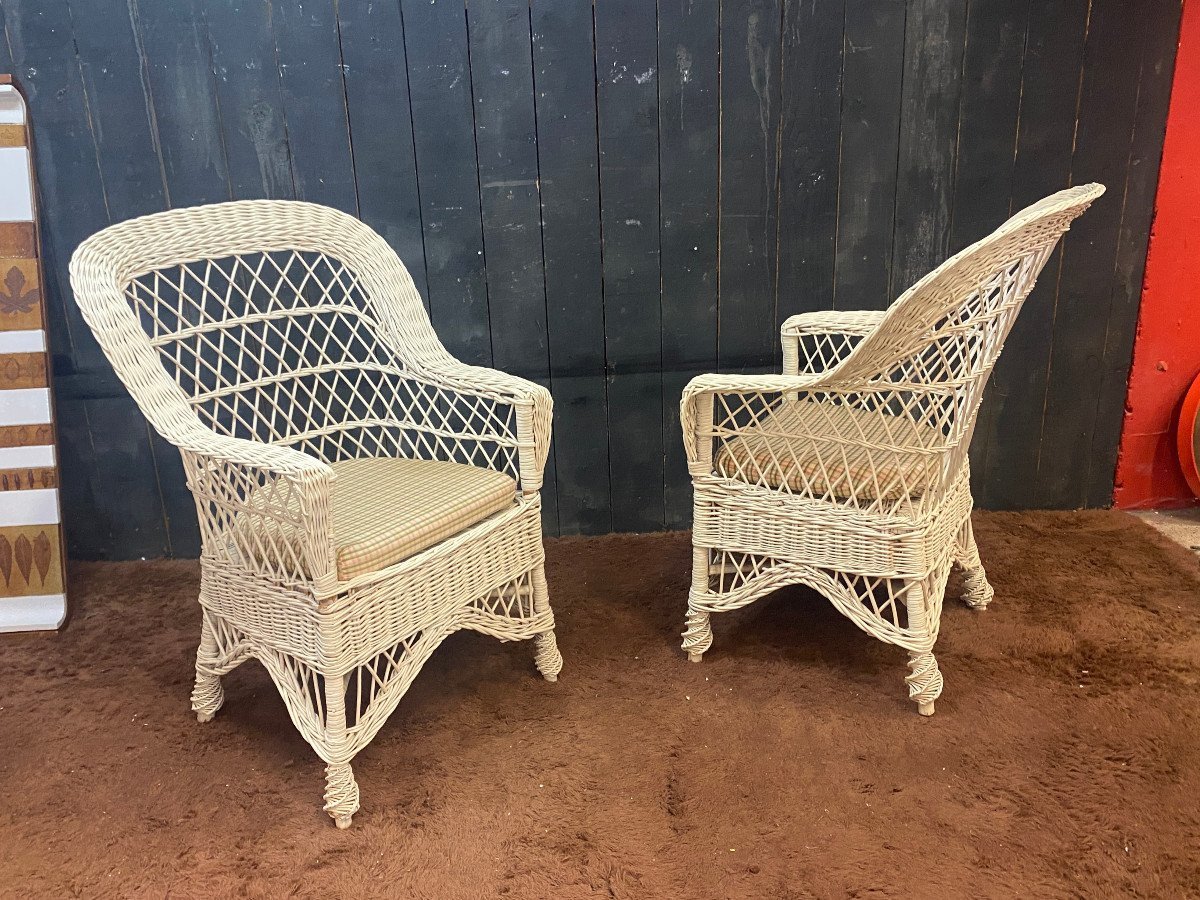 Rare Set Of 10white Lacquered Rattan Conservatory Armchairs, And Their Cushions Circa 1970-photo-5