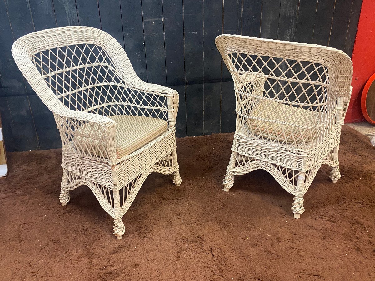 Rare Set Of 10white Lacquered Rattan Conservatory Armchairs, And Their Cushions Circa 1970
