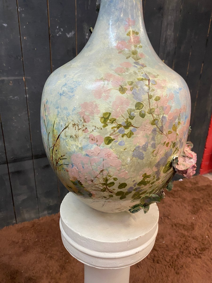 Grand Vase Monté En Lampe En Barbotine Polychrome Décorée à Froid Dit "impressionniste" Fin XIX-photo-6
