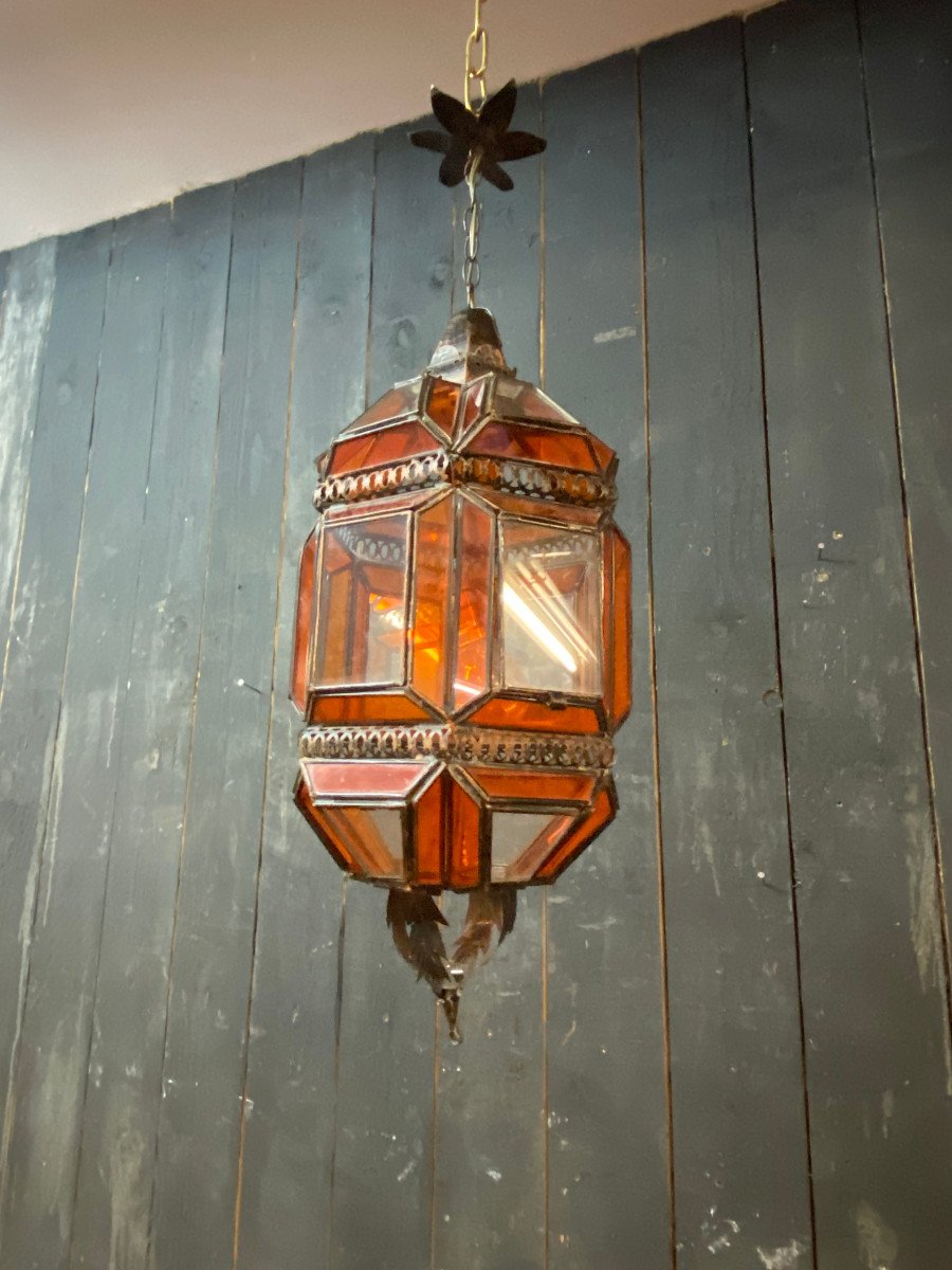 Oriental Lantern In Metal, Orange And White Glass Circa 1970/1980-photo-3