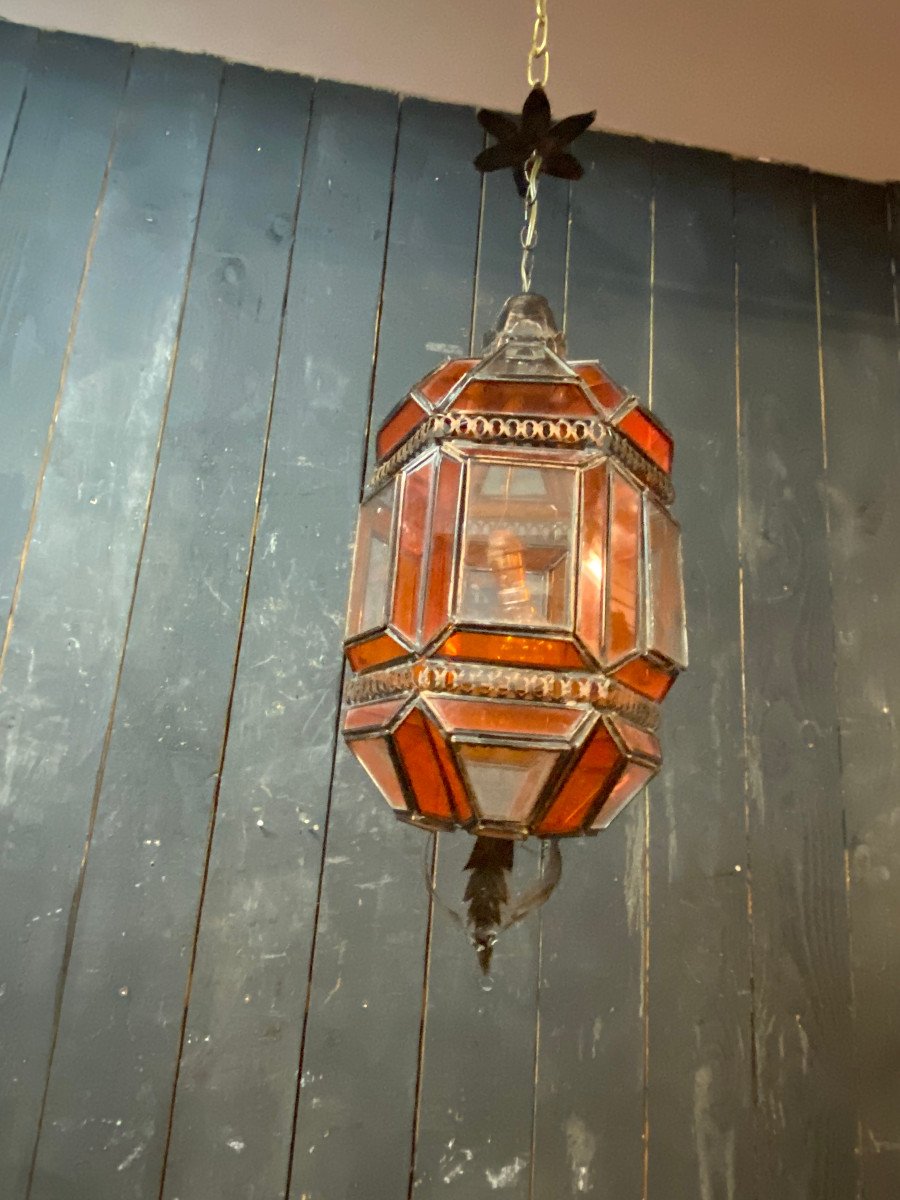 Oriental Lantern In Metal, Orange And White Glass Circa 1970/1980-photo-4