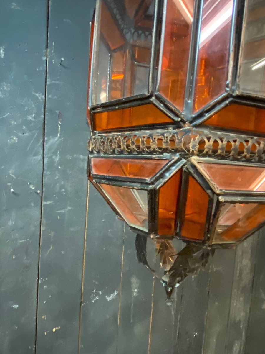 Oriental Lantern In Metal, Orange And White Glass Circa 1970/1980-photo-1