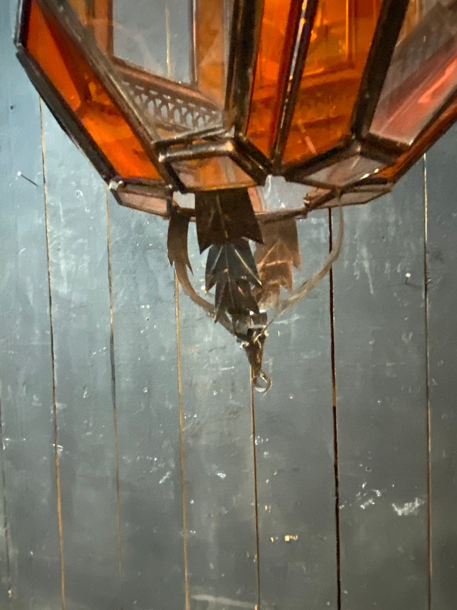 Oriental Lantern In Metal, Orange And White Glass Circa 1970/1980-photo-2