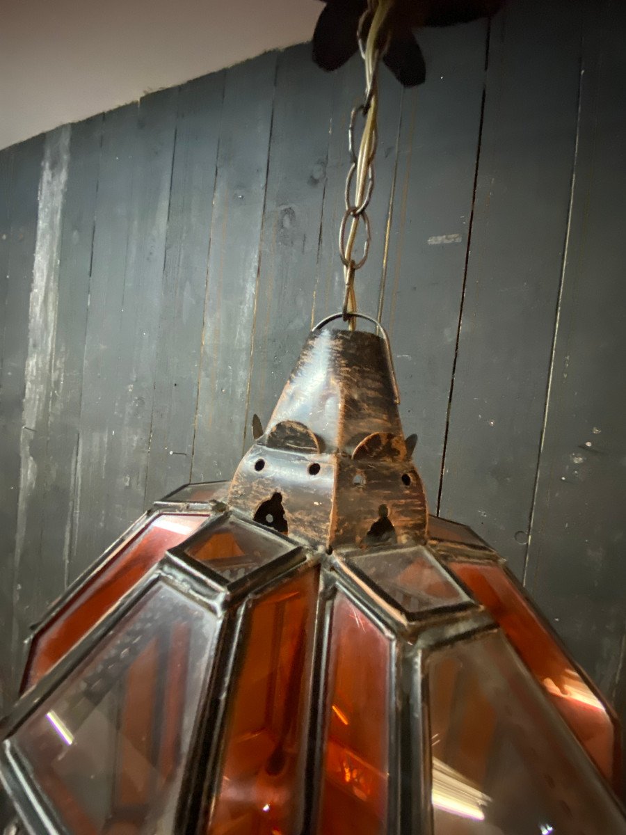 Oriental Lantern In Metal, Orange And White Glass Circa 1970/1980-photo-3