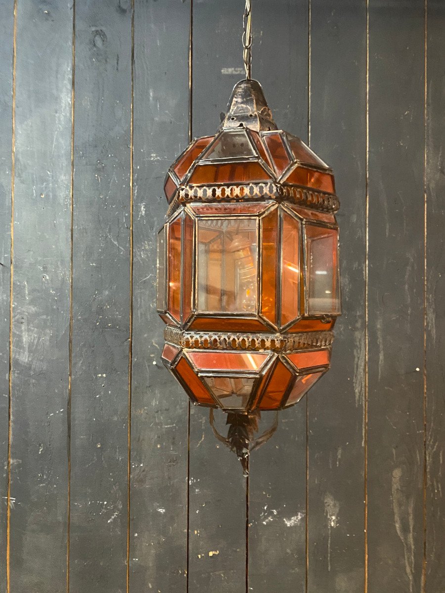 Oriental Lantern In Metal, Orange And White Glass Circa 1970/1980-photo-5