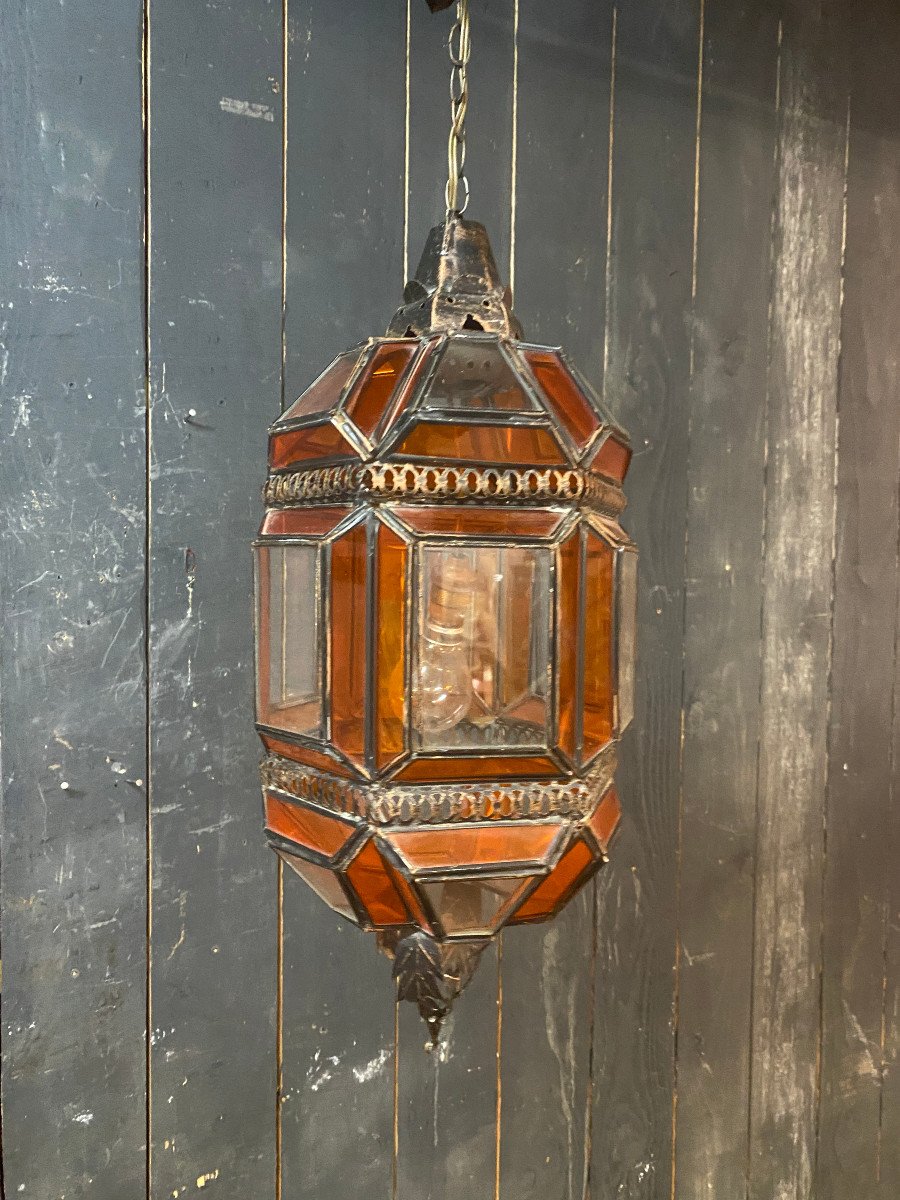 Oriental Lantern In Metal, Orange And White Glass Circa 1970/1980-photo-6