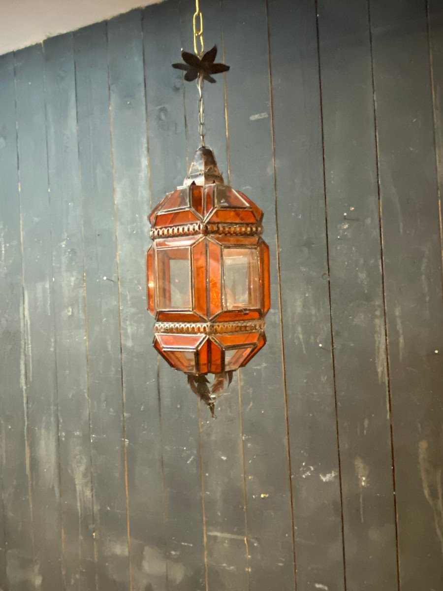Oriental Lantern In Metal, Orange And White Glass Circa 1970/1980