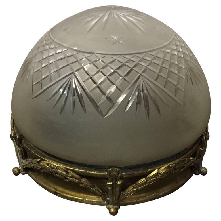Ancien Plafonnier Napoléon 3 En Bronze, Laiton Et Verre Gravé -photo-1