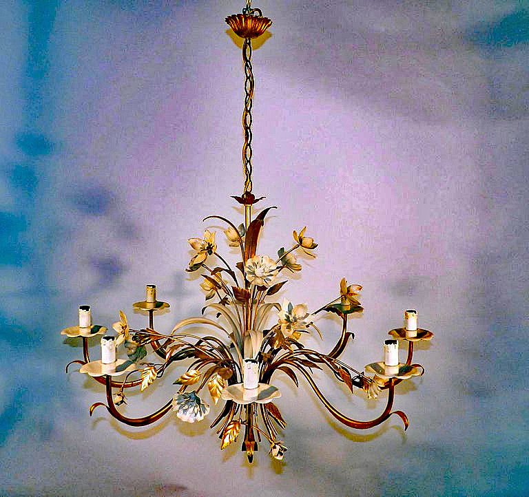 Large Chandelier In Gold Metal And White Lacquered Metal Circa 1950/1970-photo-2
