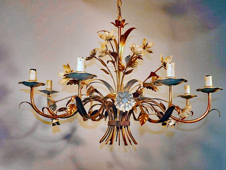 Large Chandelier In Gold Metal And White Lacquered Metal Circa 1950/1970
