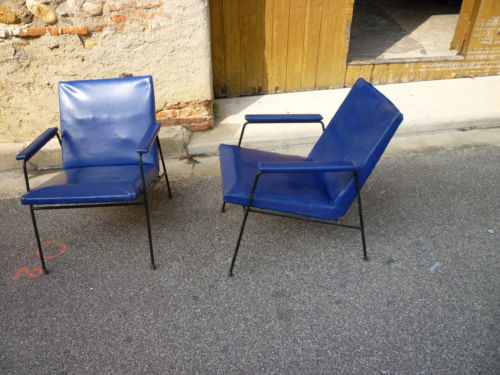 Armchairs Pair Of 1960 In A Metal Structure Lacquer Covered In Skai Blue Edition Steiner-photo-2